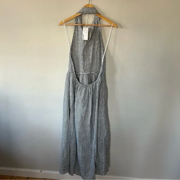 Reformation Tace Linen Dress in Slate Check Navy Open Back Midi Button Size  10